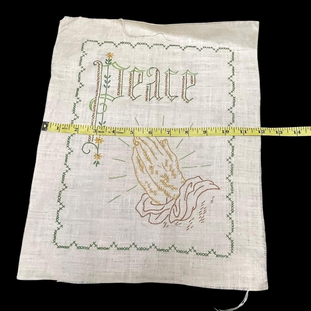 Vintage Hand Embroidered Peace Praying Hands Linen Textile Art 11x14 Off White - Picture 3 of 5